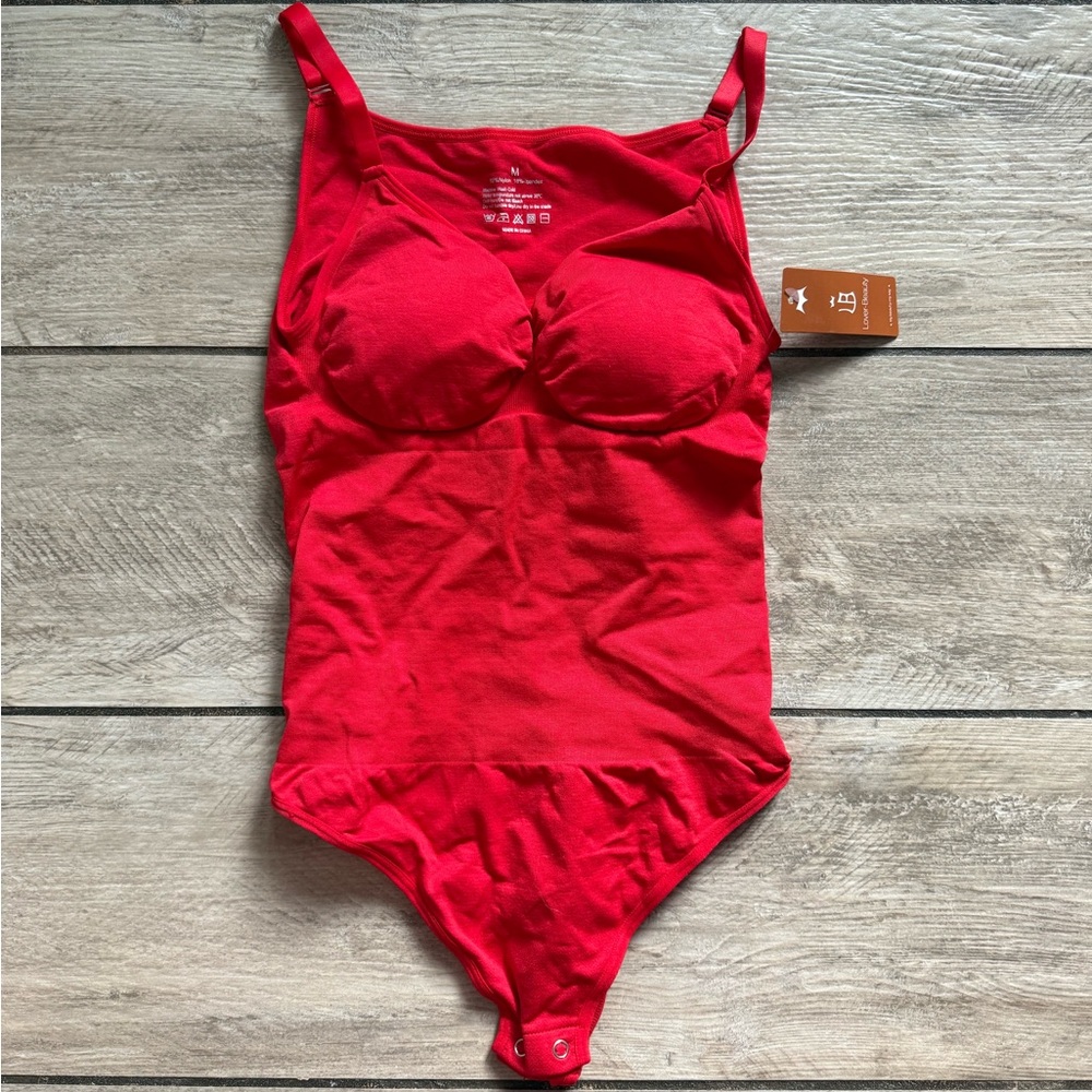 Red Seamless Bodysuit with Built-In Cups